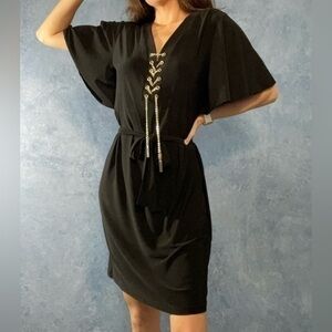 Spense Black Chain Front Lace Up Belted Dress